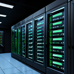 A Linux server room at night, automated scripts working in the background, monitoring system resources (CPU, memory, disk), sending alerts when thresholds are exceeded. Dark theme, glowing server lights, focus on automation.