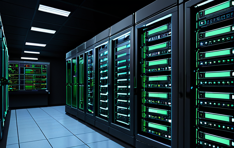 A Linux server room at night, automated scripts working in the background, monitoring system resources (CPU, memory, disk), sending alerts when thresholds are exceeded. Dark theme, glowing server lights, focus on automation.