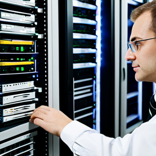 Home 6 System Administrator at Work**
A professional system administrator in a clean and organized server room, fully clothed in appropriate attire, working on a server rack, focused on a task, monitors displaying command-line interfaces, safe for work, perfect anatomy, natural proportions, high resolution, professional environment, modest clothing. Family-friendly, appropriate content.
**
