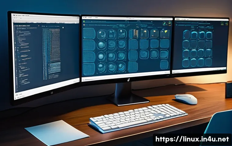 리눅스마스터 실기 시험에서 자주 출제되는 문제 분석 - A detailed digital illustration of a Linux system administrator&rsquo;s workspace featuring multiple monit...