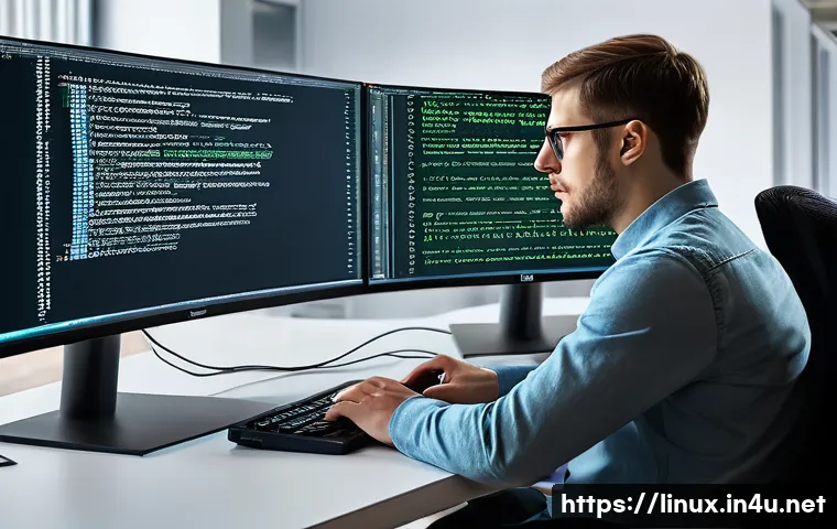 리눅스 실기 시험의 난이도 높은 문제 풀이법 - A focused scene of a professional Linux exam candidate sitting at a clean, modern workstation with m...