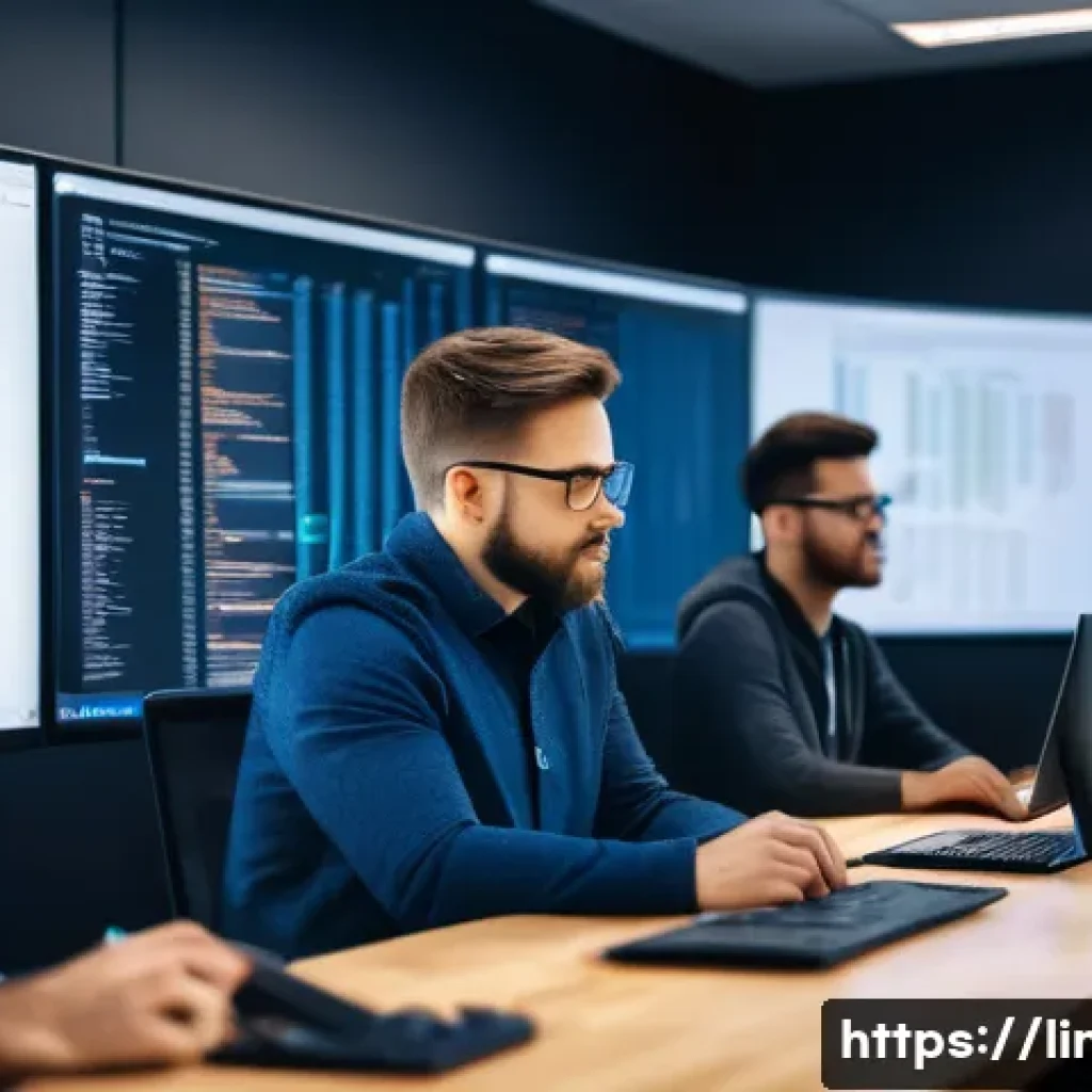 리눅스 자격증 취득 후 IT 프로젝트 참여 후기 - A professional IT team collaborating intensely in a modern office environment, multiple monitors dis...