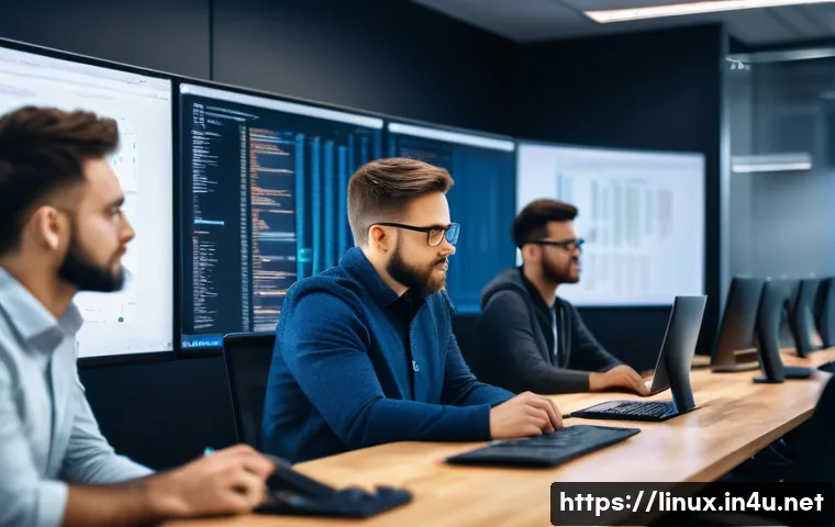 리눅스 자격증 취득 후 IT 프로젝트 참여 후기 - A professional IT team collaborating intensely in a modern office environment, multiple monitors dis...