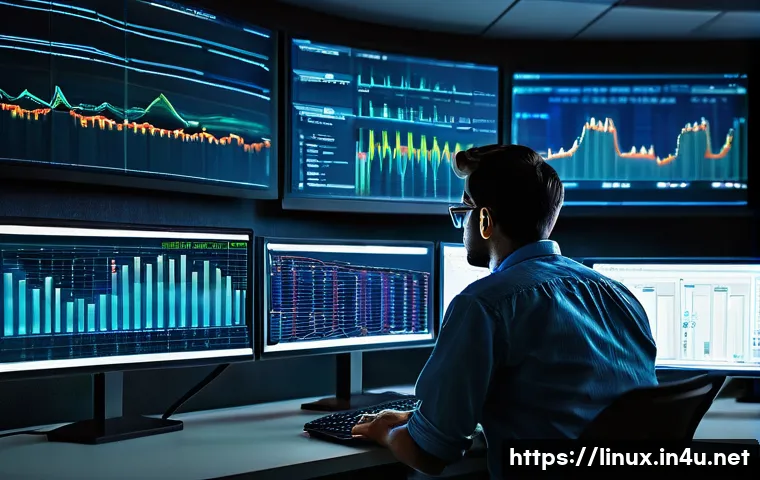 리눅스 실기 시험 대비 성능 튜닝 기법 정리 - A detailed and realistic high-tech server room scene focused on Linux system performance monitoring:...