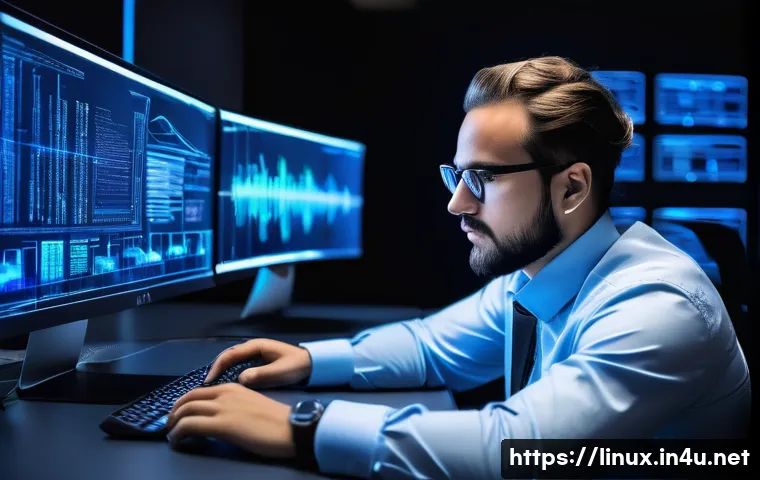 리눅스와 AWS 클라우드 자격증의 비교 및 연계성 - A professional IT engineer working intensely at a modern office desk filled with multiple monitors d...