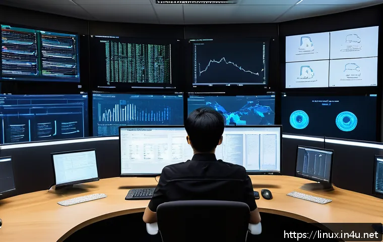 리눅스 자격증 취득 후 클라우드 서버 관리 분야 진출기 - A professional IT engineer sitting at a modern desk with multiple monitors displaying Linux command ...