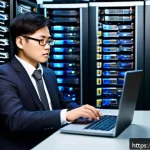 Home 18 리눅스 자격증 취득이 중요한 이유와 전망 - A professional IT engineer confidently managing a large Linux-based server room, filled with racks o...