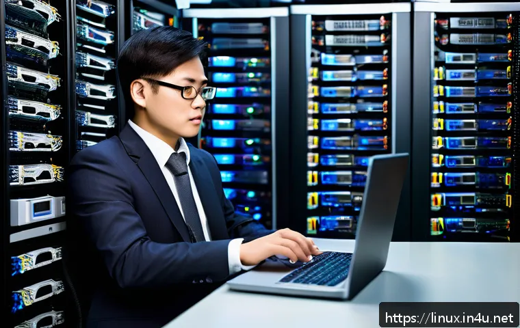리눅스 자격증 취득이 중요한 이유와 전망 - A professional IT engineer confidently managing a large Linux-based server room, filled with racks o...
