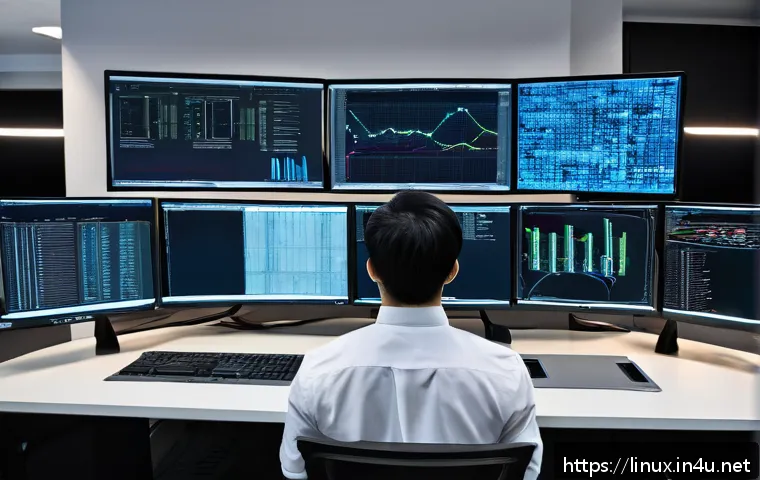 리눅스 자격증으로 가능했던 직무 전환 경험담 - A focused young IT professional sitting at a modern workstation, surrounded by multiple monitors dis...