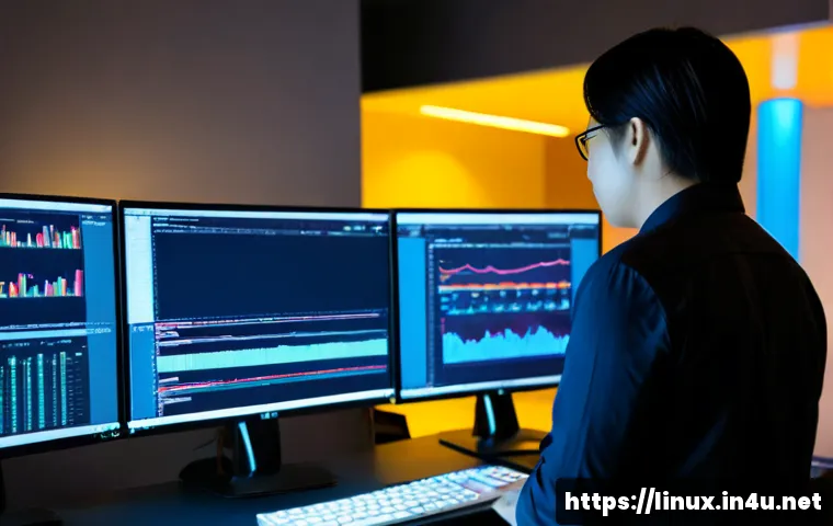 리눅스 실무와 AI 기반 시스템 관리의 융합 사례 - Photorealistic modern IT operations room, experienced Linux system administrator and AI engineer col...
