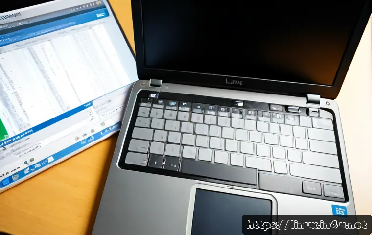 리눅스 실기 과목별 주요 내용 요약 - Photorealistic overhead view of a Linux practical exam study desk, open laptop showing a generic dar...